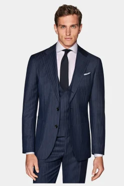 SUITSUPPLY Havana Anzug Dreiteiler Mittelblau Gestreift-Männlich Business Anzüge