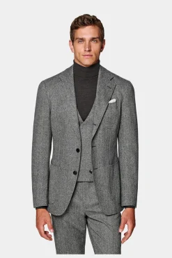 SUITSUPPLY Havana Anzug Dreiteiler Mittelgrau Fischgrätmuster-Männlich Casual Anzüge