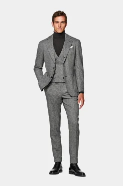 SUITSUPPLY Havana Anzug Dreiteiler Mittelgrau Fischgrätmuster-Männlich Casual Anzüge