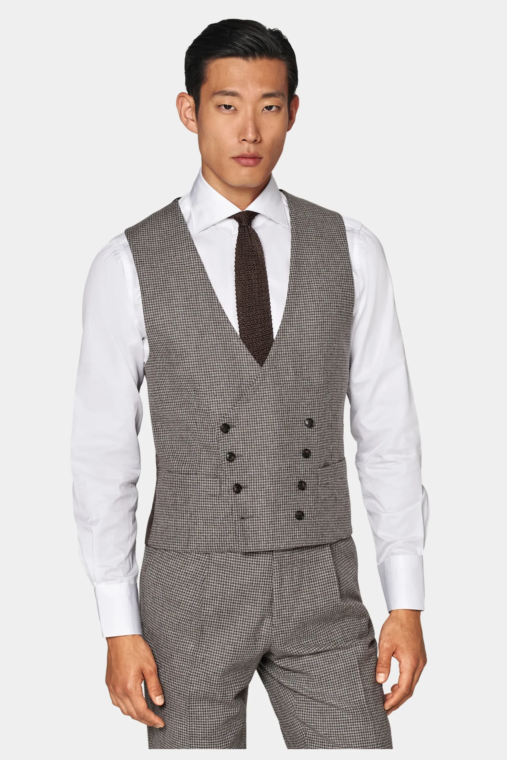SUITSUPPLY Havana Anzug Dreiteiler Taupe Hahnentrittmuster-Männlich Casual Anzüge