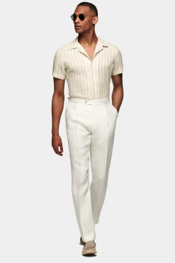 SUITSUPPLY Hemd Hellbraun Gestreift Camp-Kragen Slim Fit-Männlich Leinenhemden