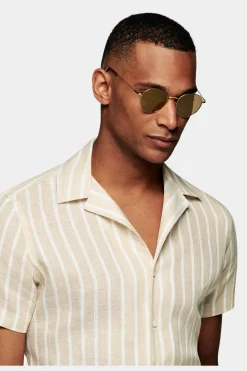 SUITSUPPLY Hemd Hellbraun Gestreift Camp-Kragen Slim Fit-Männlich Leinenhemden