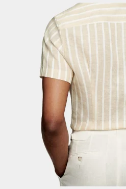 SUITSUPPLY Hemd Hellbraun Gestreift Camp-Kragen Slim Fit-Männlich Leinenhemden