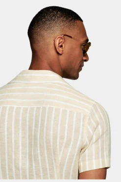 SUITSUPPLY Hemd Hellbraun Gestreift Camp-Kragen Slim Fit-Männlich Leinenhemden