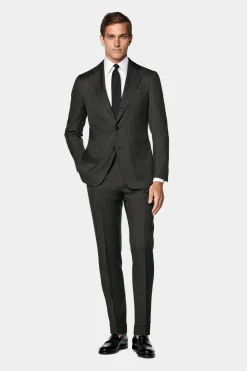 SUITSUPPLY Lazio Anzug Dreiteiler Dunkelgrün Fischgrätmuster-Männlich Business Anzüge