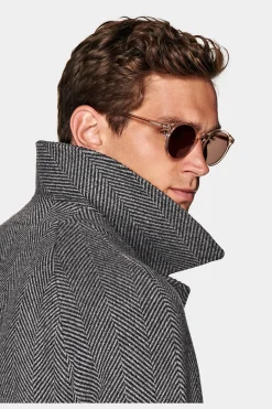 SUITSUPPLY Mantel Dunkelgrau Fischgrätmuster Gürtel-Männlich Elegante Mäntel