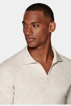 SUITSUPPLY Poloshirt Hellbraun Langarm Knopffrei-Männlich Poloshirts