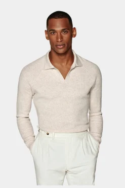 SUITSUPPLY Poloshirt Hellbraun Langarm Knopffrei-Männlich Poloshirts