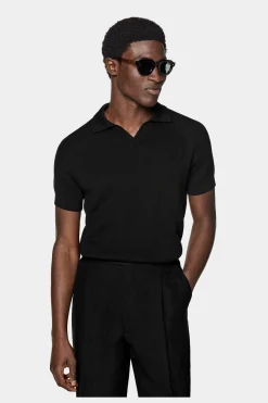 SUITSUPPLY Poloshirt Schwarz Gerippt Knopffrei-Männlich Poloshirts