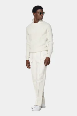 SUITSUPPLY Rundhalspullover Off-White Rippmuster-Männlich Rundhals
