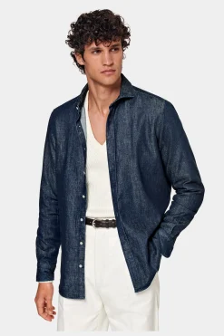 SUITSUPPLY Twill Hemd Blau Slim Fit-Männlich Casual Hemden