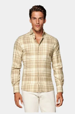 SUITSUPPLY Twill Hemd Hellbraun Kariert Slim Fit-Männlich Casual Hemden