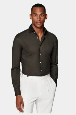 SUITSUPPLY Twill-Hemd Dunkelbraun Slim Fit-Männlich Casual Hemden